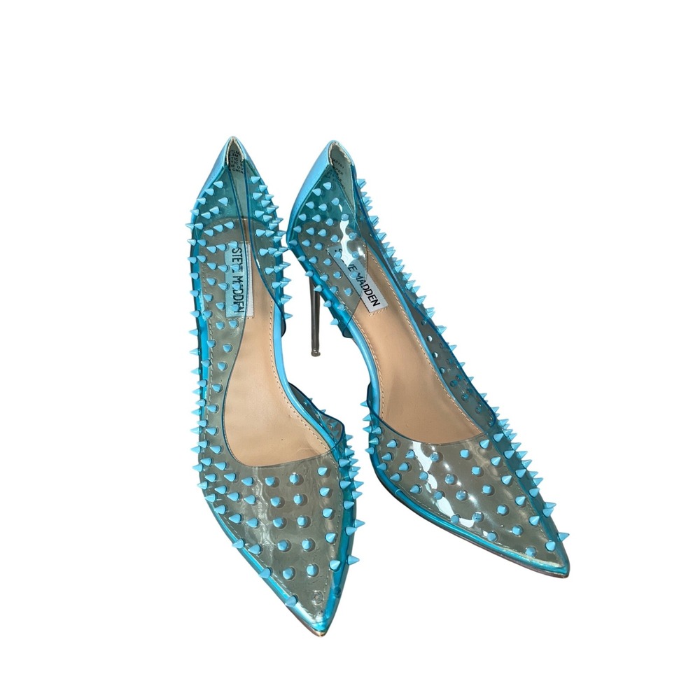 Steve Madden Tolima Blue Clear Spiked Pointed Toe Pumps Stiletto Heels 6.5M